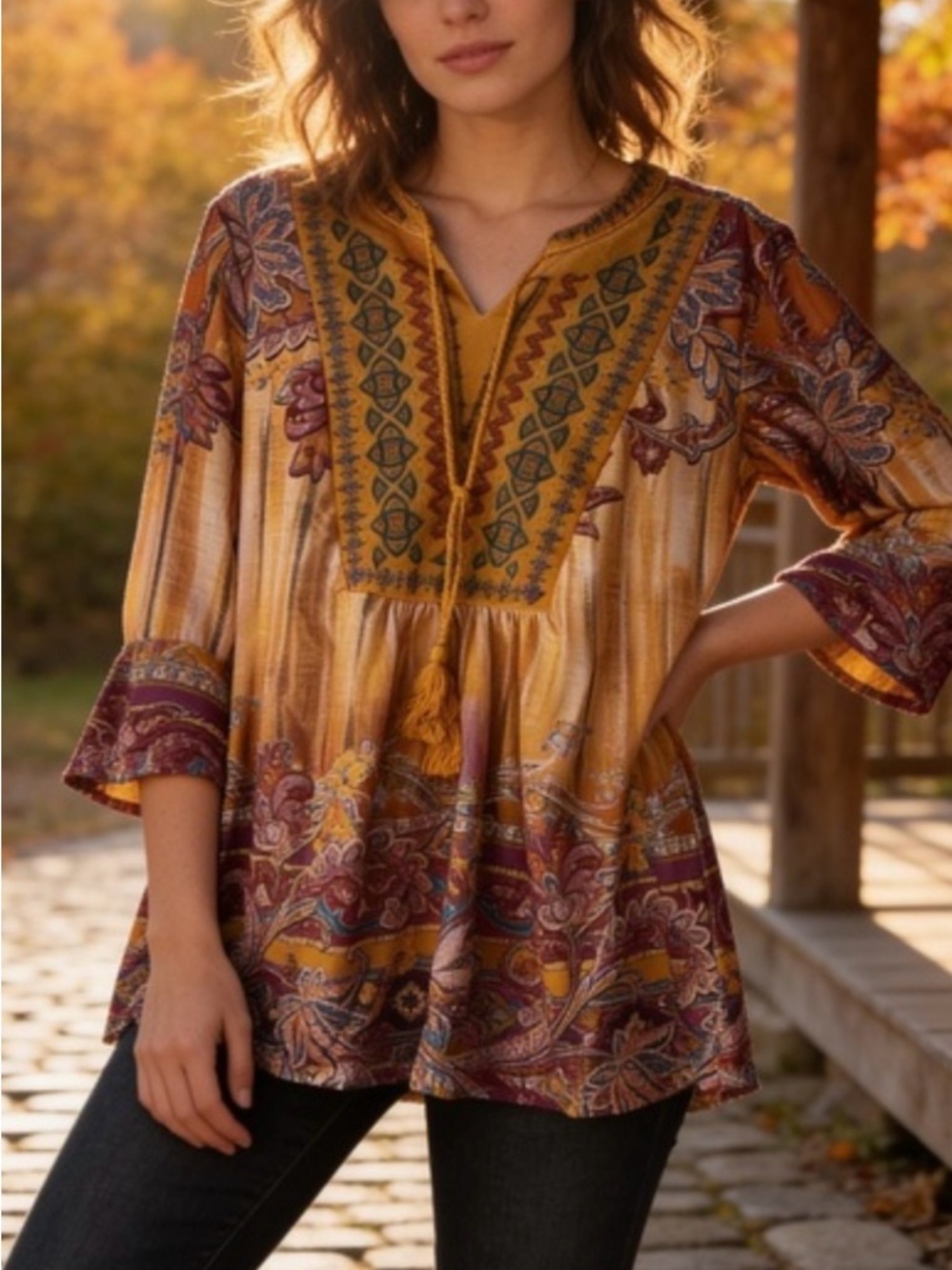 #549 Farmers Market Adorable Boho Mustard Paisley Tunic with Embroidered Yoke